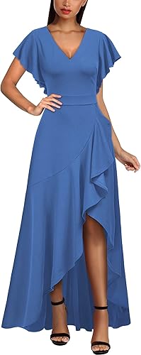 Miusol Women's Formal V Neck Ruffle Split Evening Party Dress