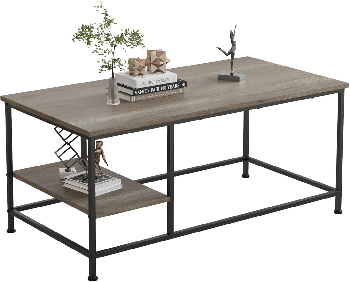 Modern Minimalist Grey Oak Rectangle Coffee Table with Shelf