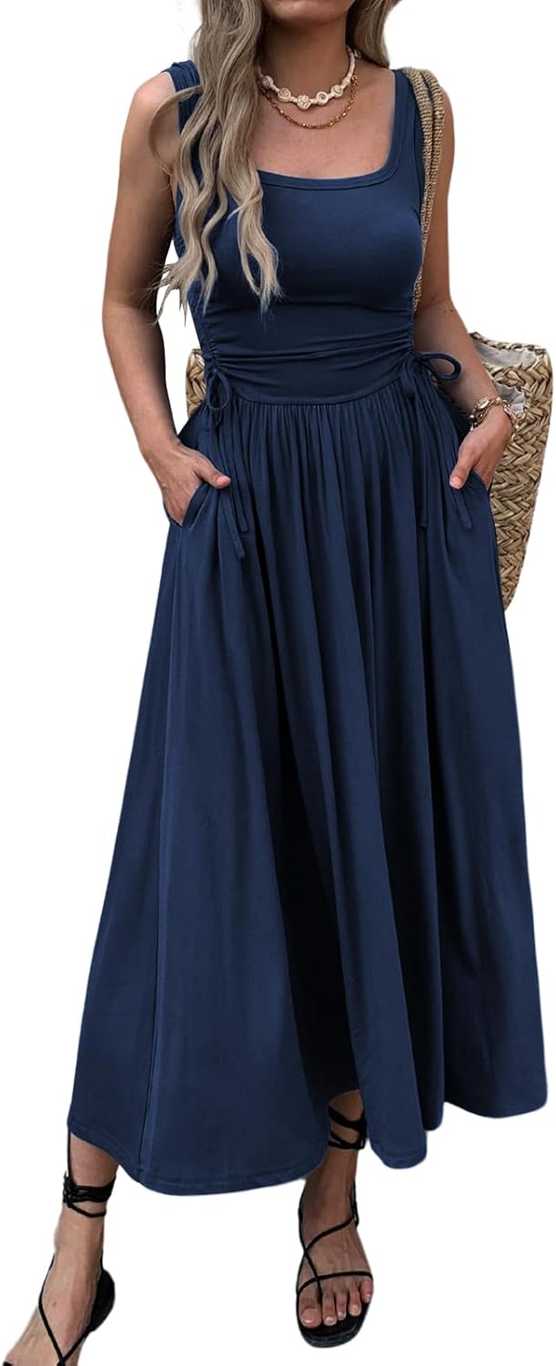 Womens Boho Summer Maxi Dress with Pockets for Beach Fun