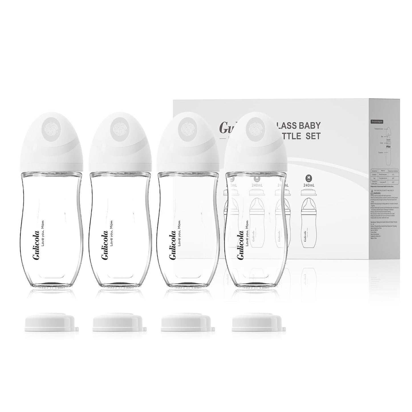 Anti-Colic Glass Baby Bottles - Medium Flow Nipple, 4 Pack