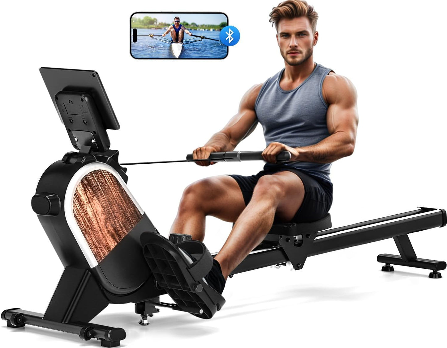 MOSUNY Magnetic Rowing Machine: 16 Levels Resistance, Bluetooth Connectivity