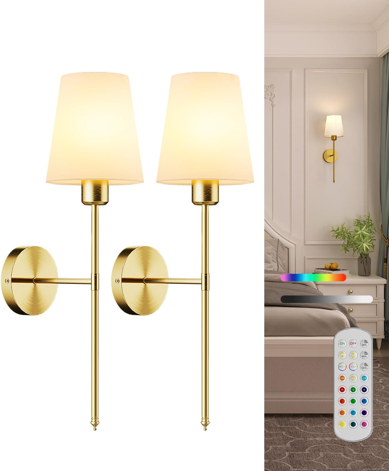 Battery Operated Wall Sconce Set of 2 with Remote and Colors