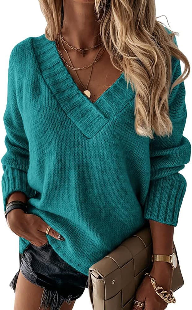 Womens Loose Sweaters V Neck Long Sleeve Knitted Jumper Tops