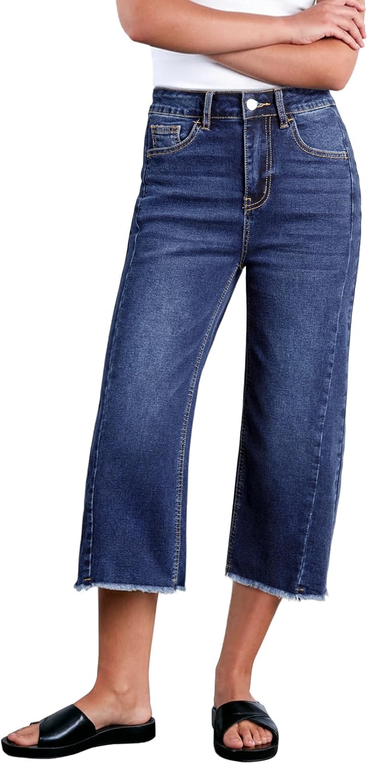 Sidefeel Women's High Waisted Wide Leg Capri Jeans for Comfort