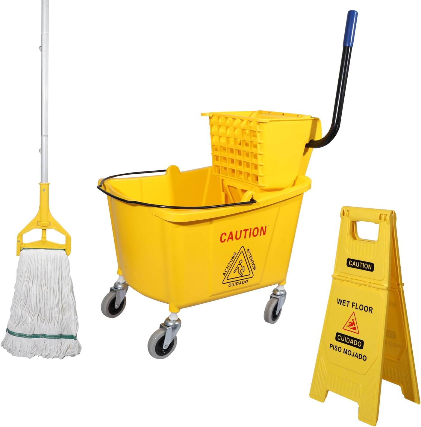 Side Press Wringer Combo Mop Bucket with Caution Sign and Mop