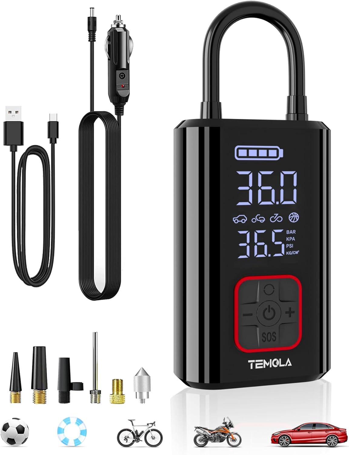 TEMOLA 12V Portable Air Compressor - Inflate to 150PSI Cordless