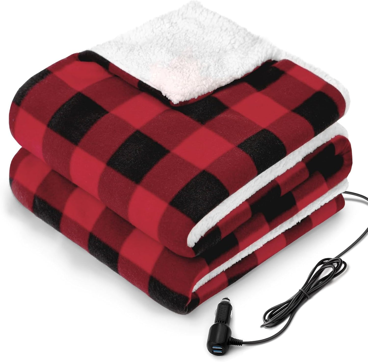 Sealy 12V Heated Car Blanket w/ USB Ports, 3 Heat Levels, Auto Off - Stay Cozy on Road