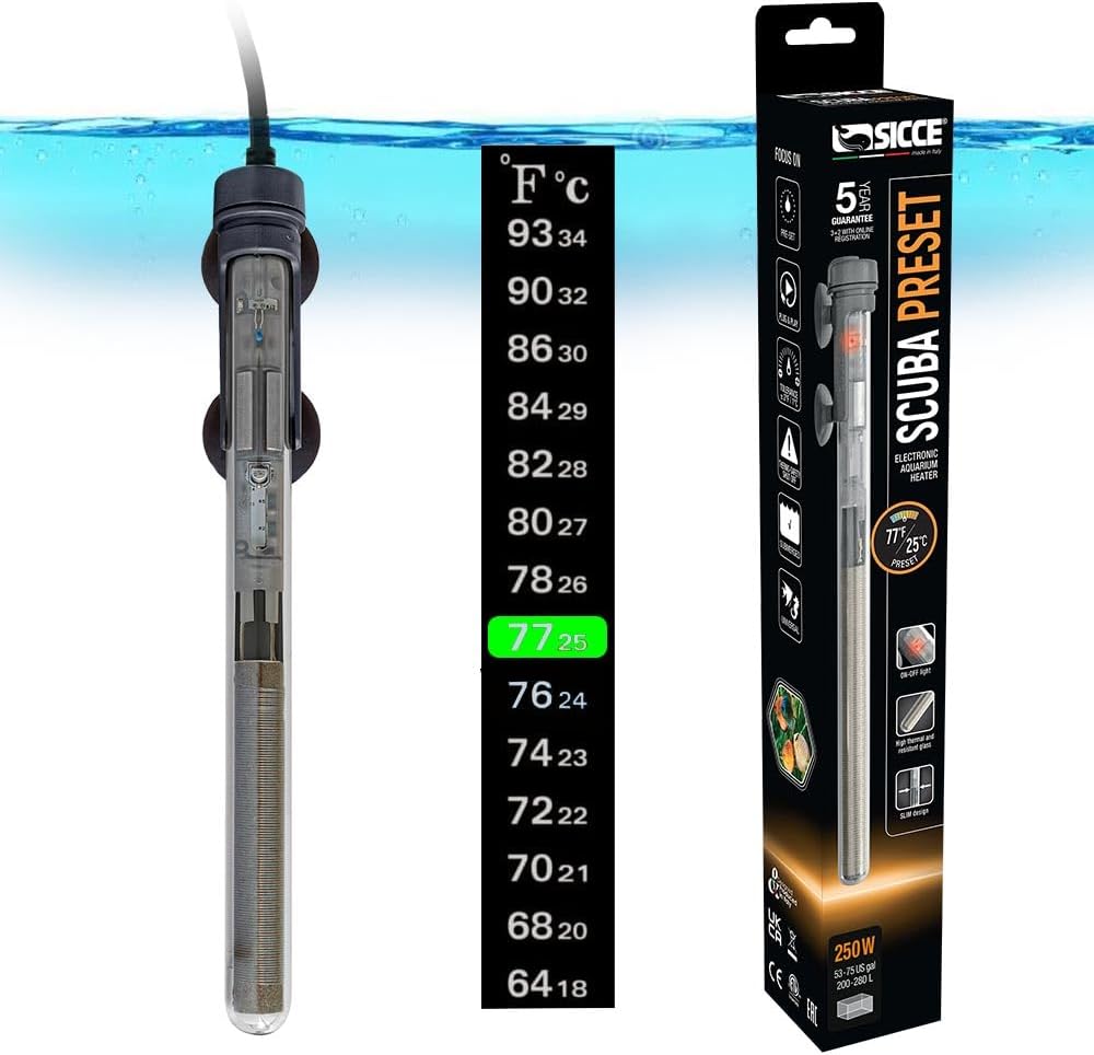 Sicce 250W Submersible Aquarium Heater | Preset 77 | Fish Tank up to 75 Gal
