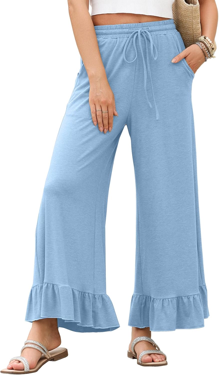 EVALESS Womens Wide Leg Pants with Drawstring and Pockets