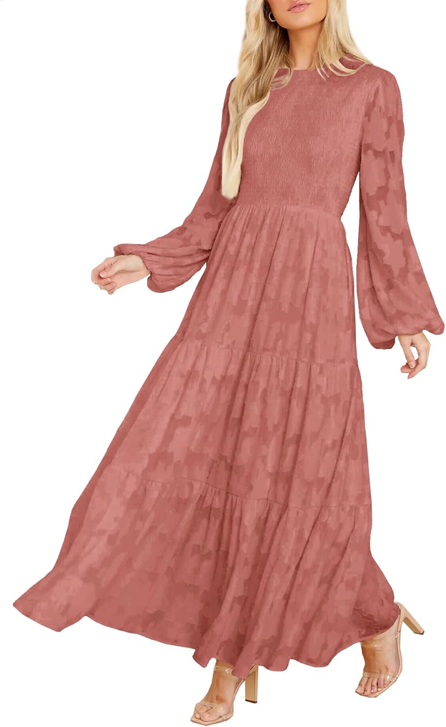 Elegant Floral Long Sleeve Smocked A-Line Maxi Dress for Women