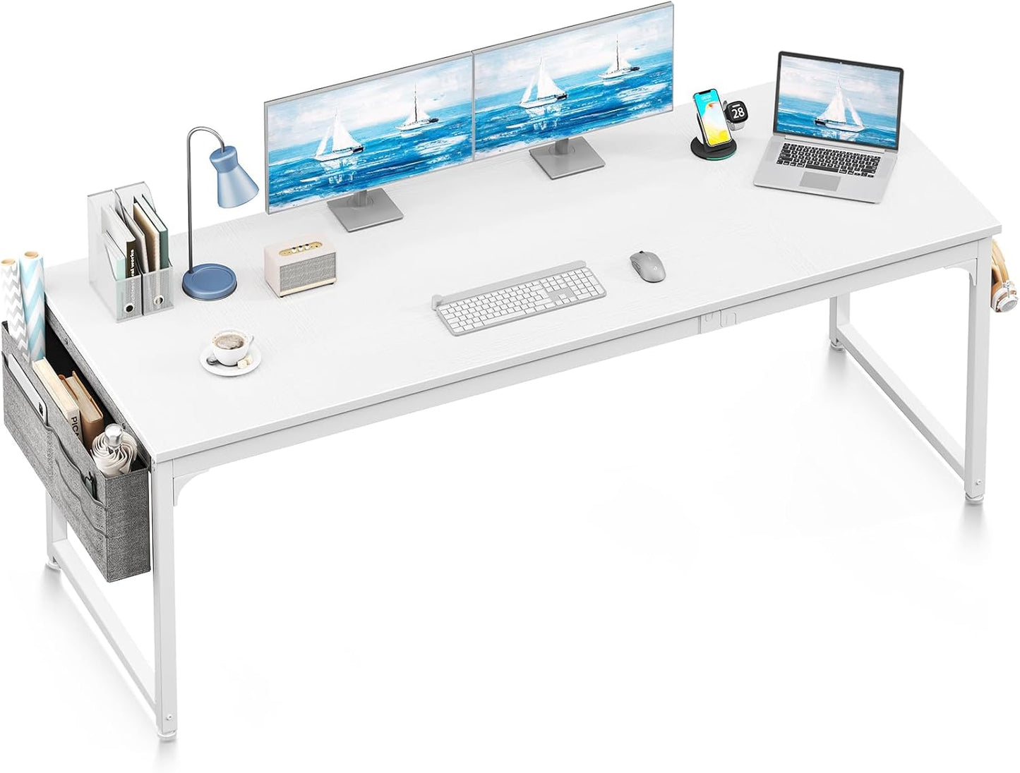 Spacious 71 Modern White Desk w/ Storage & Headphone Hook