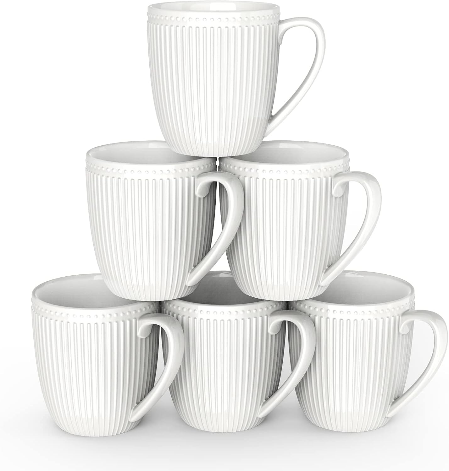 Set of 6 Porcelain White Coffee Mugs, 16 Oz, Easy-Grip Handles