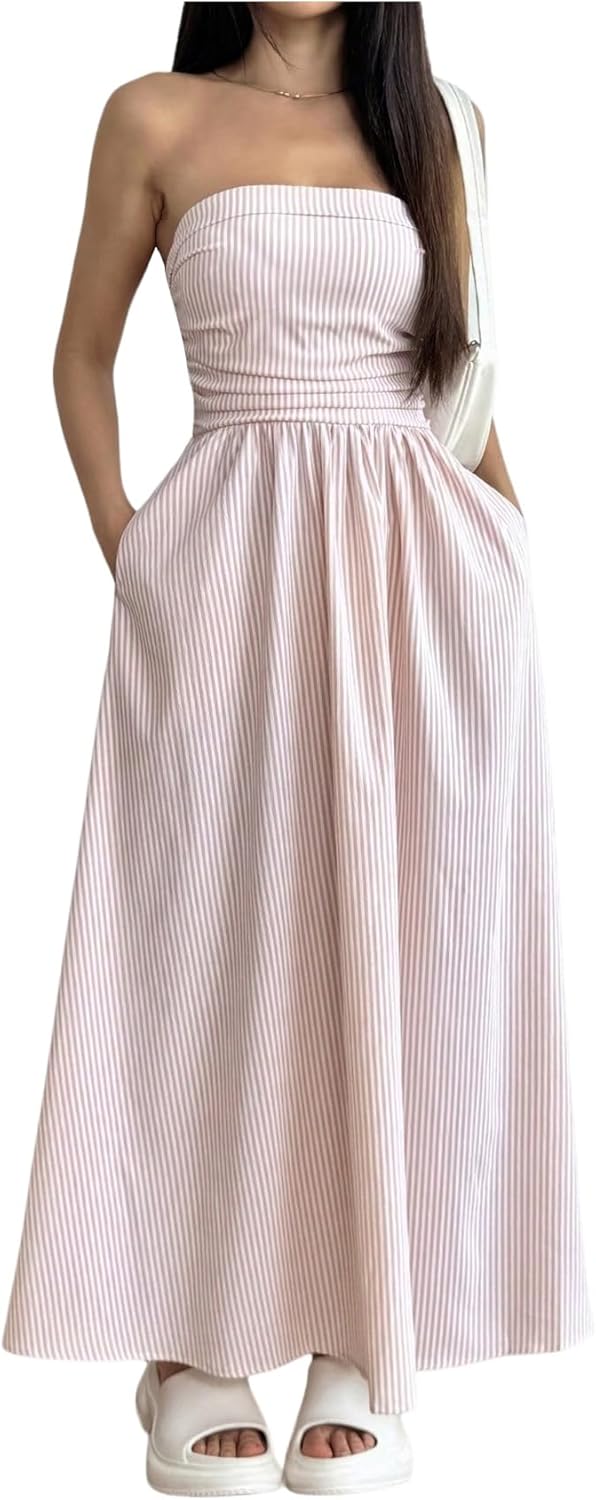 Milumia Women's Striped Strapless Maxi Dress with Pockets