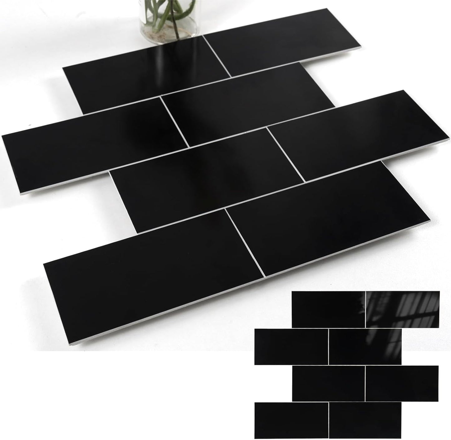 10-Sheet Polished Black Peel and Stick Backsplash for Home