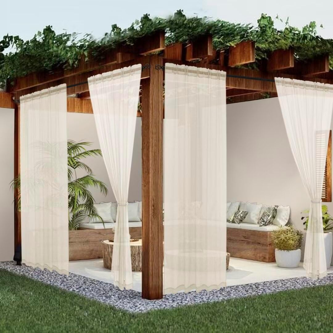 Sheer Outdoor Curtains for Patio Waterproof 4 Panels Linen Look
