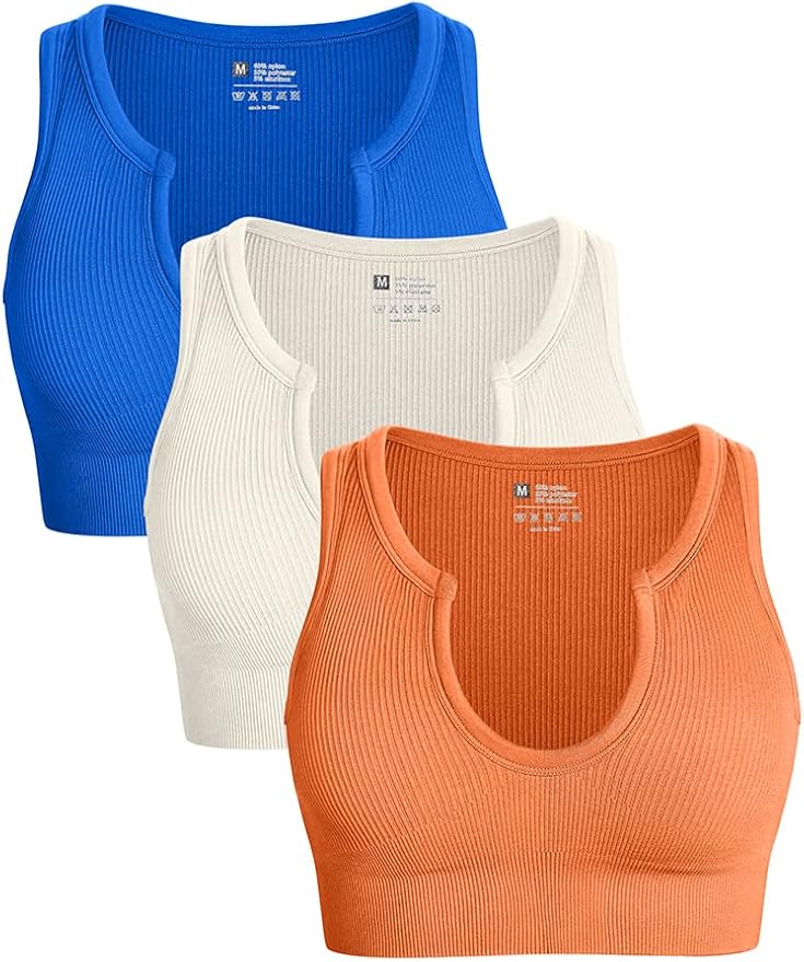 OQQ Women's 3 Piece Medium Support Crop Top Seamless Ribbed Bra