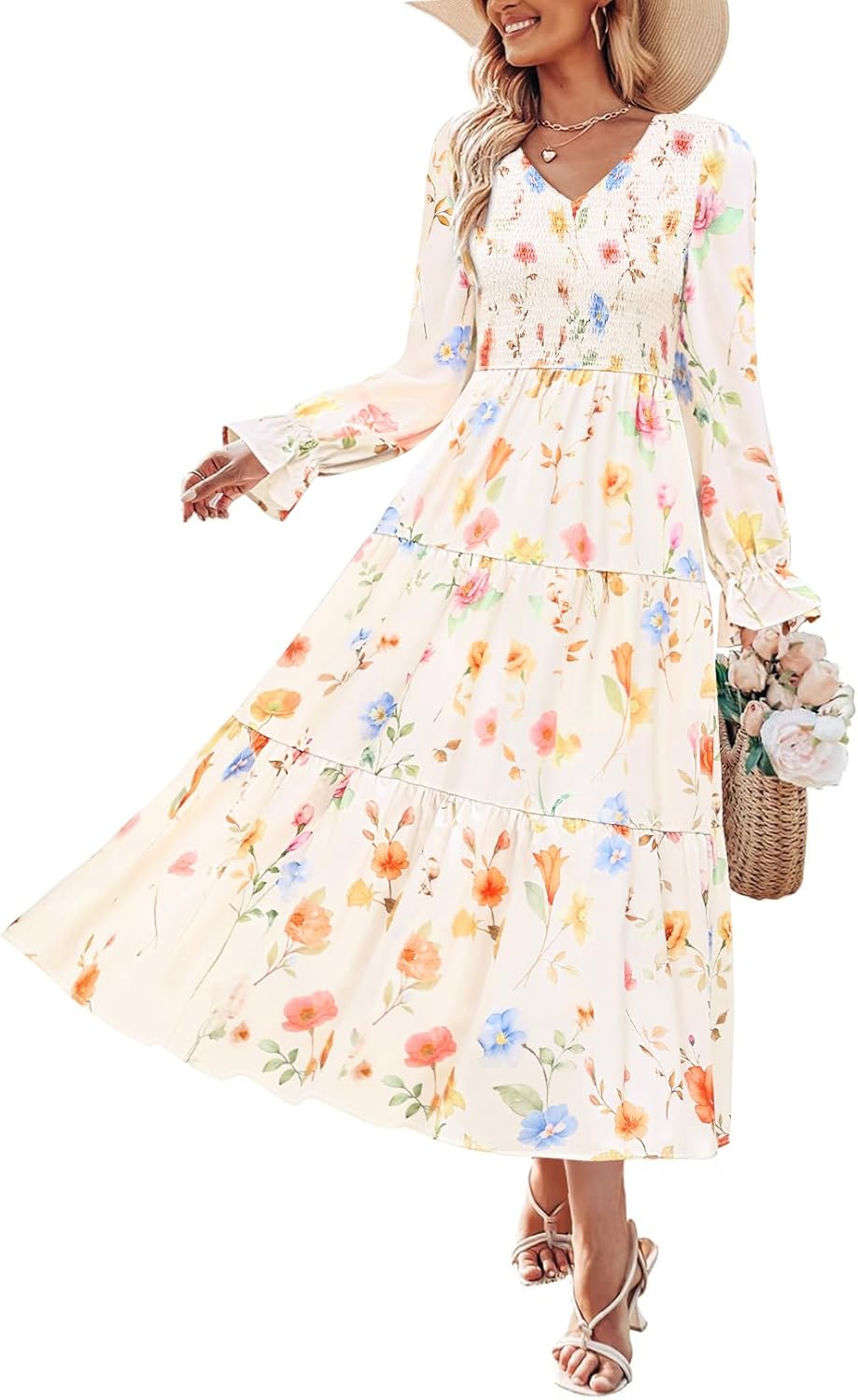 ZESICA Fall Wedding Guest Dresses Long Sleeve Floral Maxi