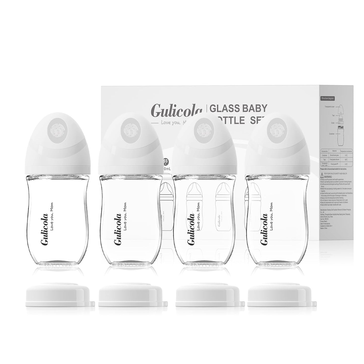 4 Pack Anti Colic Glass Baby Bottles - Extra Slow Flow Nipples, 0 Months+, 5 oz White