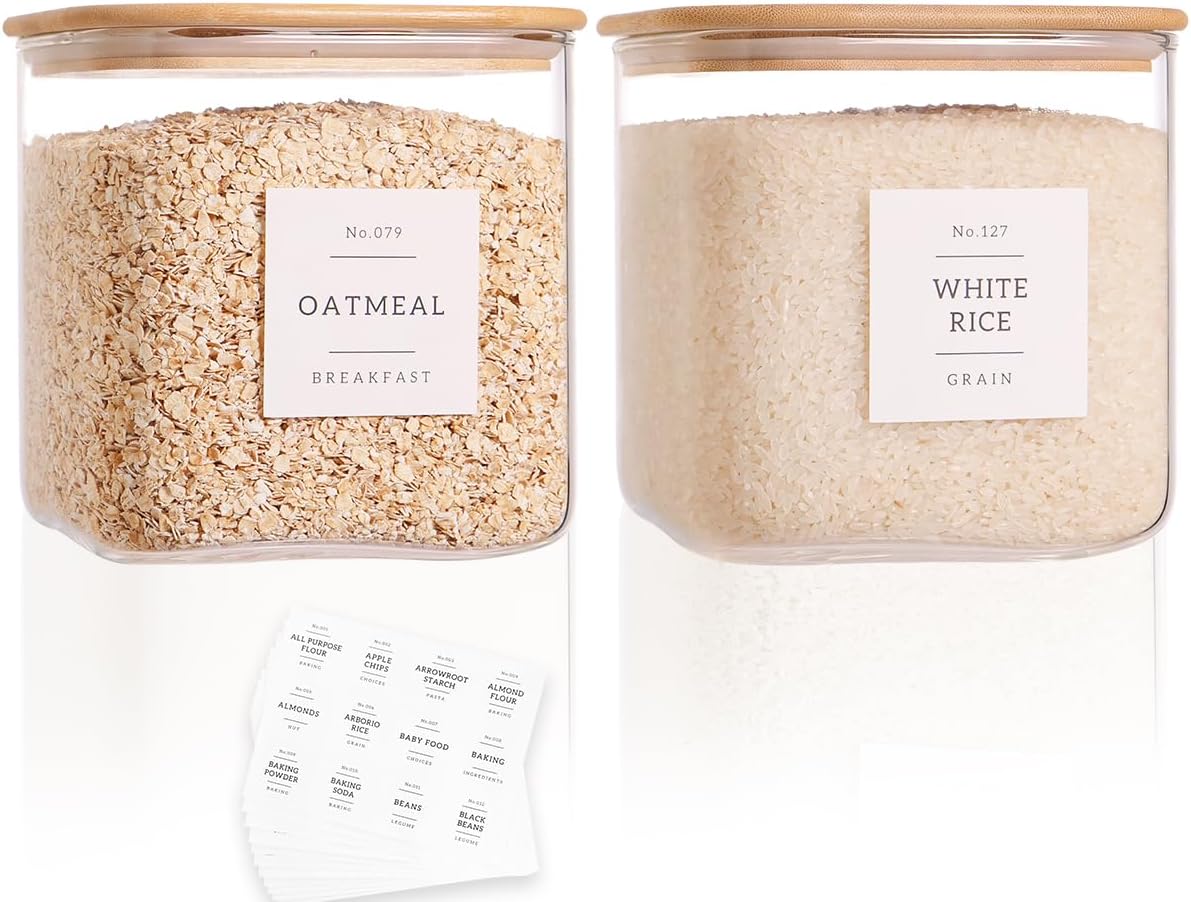 2 Pack Square Glass Flour and Sugar Containers with Airtight Lids