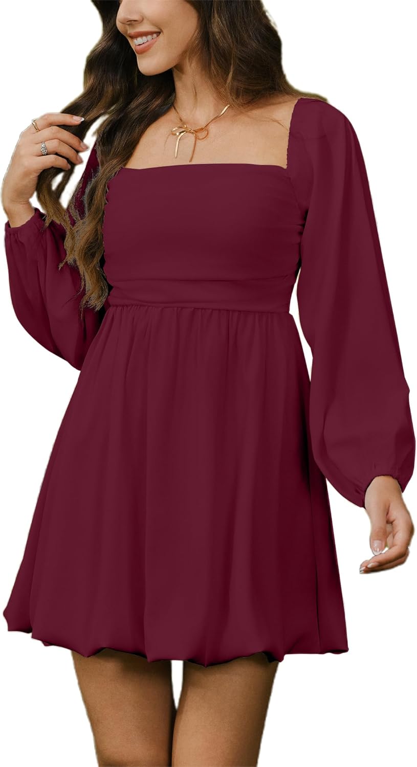 HYPERFIRE Women's Square Neck Pleated Long Sleeve Mini Dress
