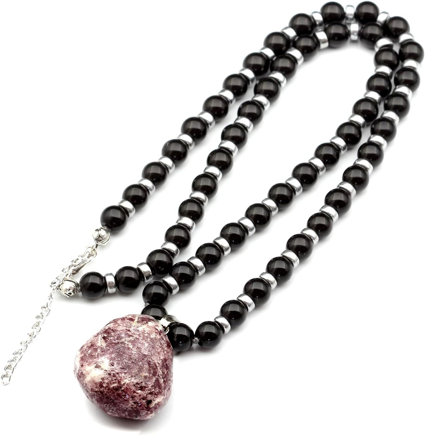 Natural Raw Tourmaline Pendant and Black Onyx Beaded Necklace