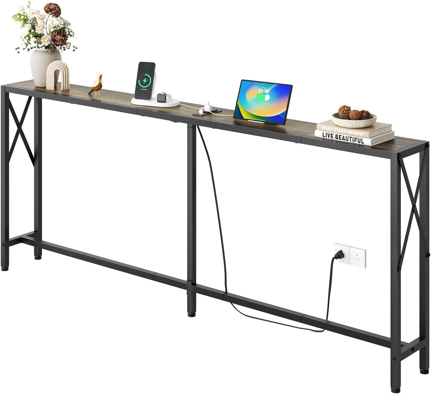 70 Inch Sofa Table with Outlets & USB Ports for Small Spaces
