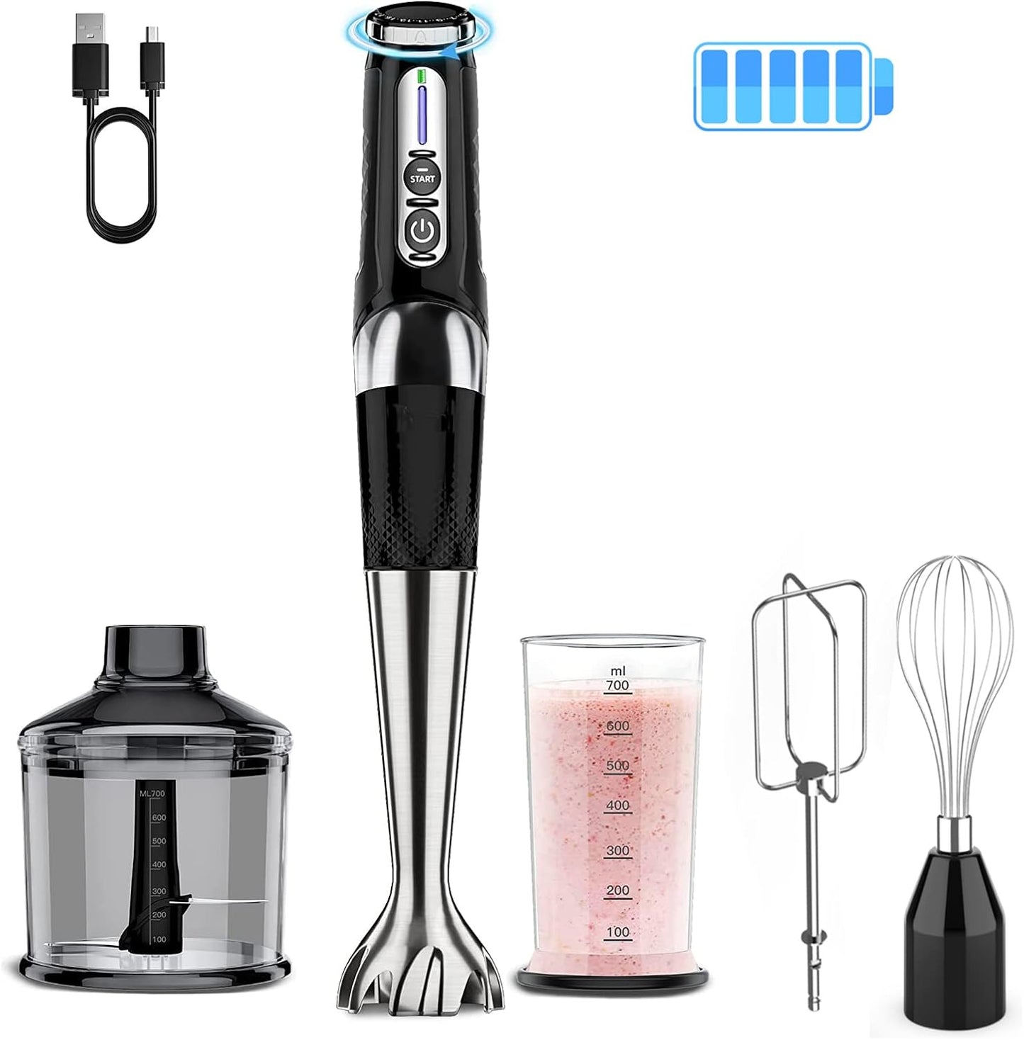 Beizuzu Cordless Immersion Blender: 4-in-1 USB Rechargeable, 21-Speeds, 3-Angle Adjust, Kitchen Essential
