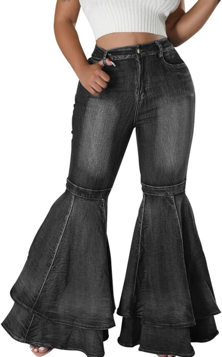 Stylish Bell Bottom Jeans for Women with Ruffle Hem Design