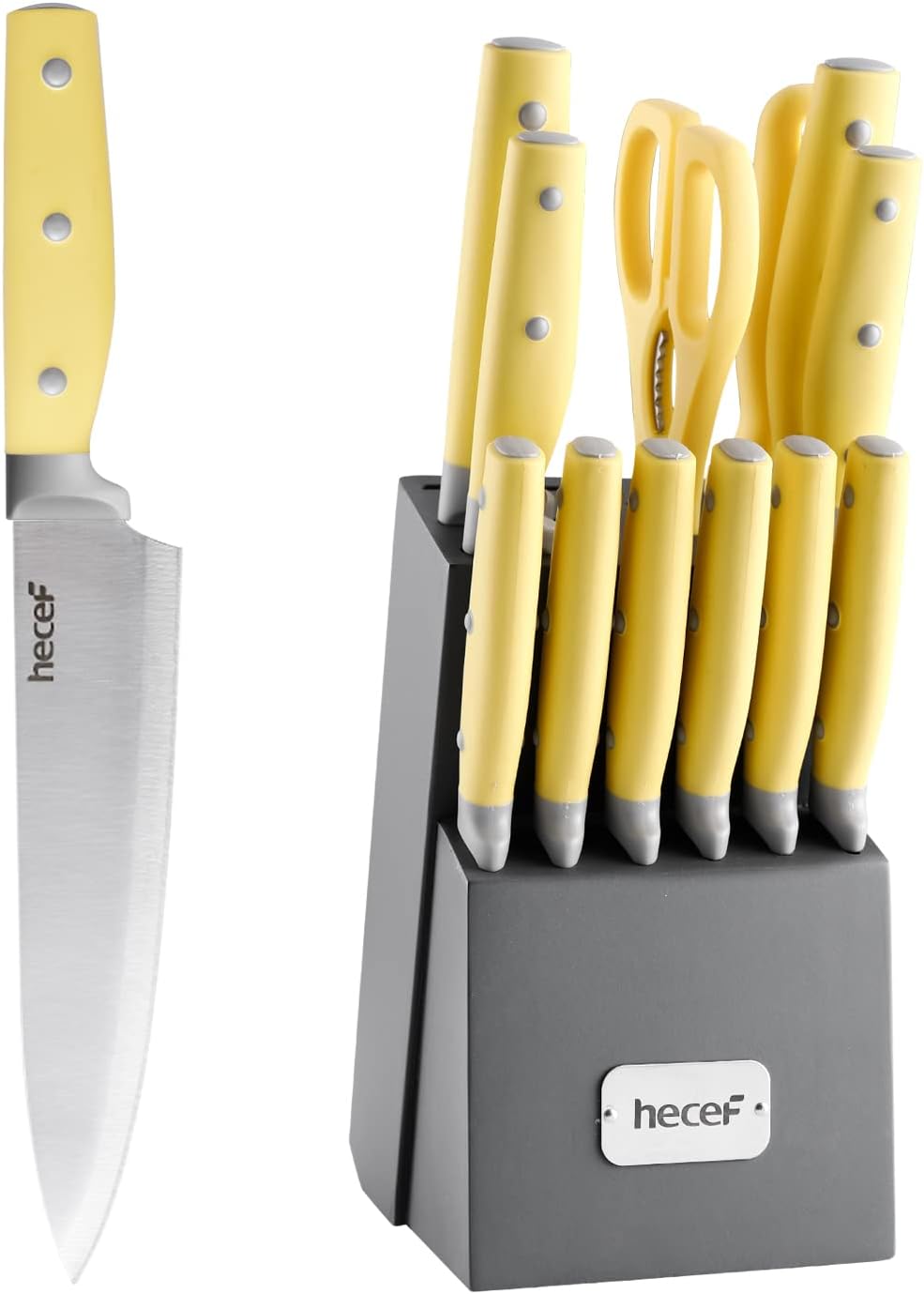 hecef Kitchen Knife Block Set - 14 Pieces High Carbon Cutlery