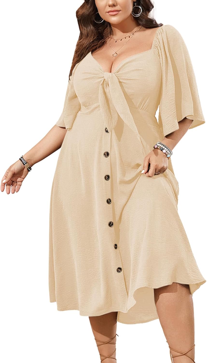 Plus Size Summer Dress with Bow Tie Deep V Neck Design