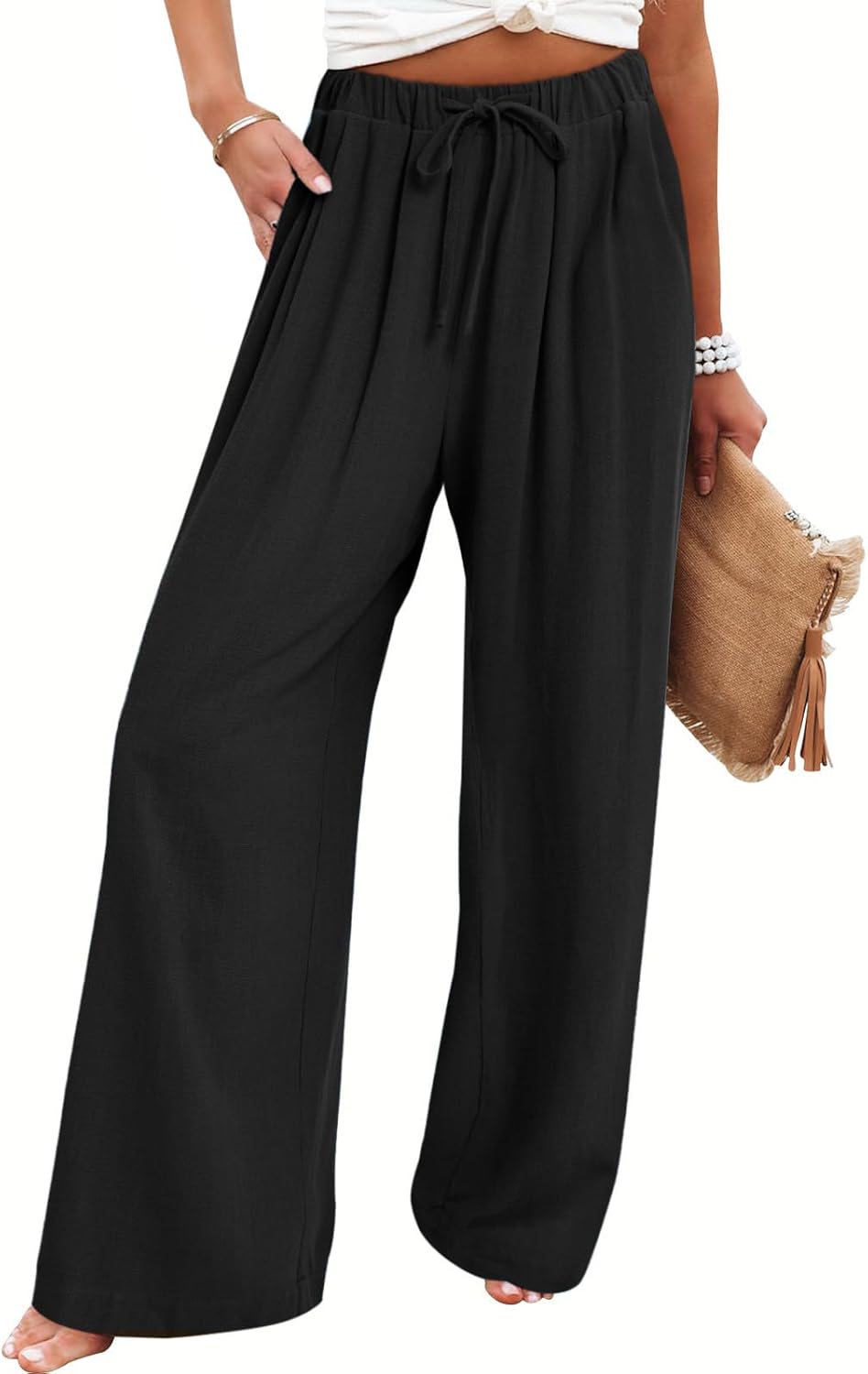 Bloggerlove Womens Linen Palazzo Pants for Summer Casual Style