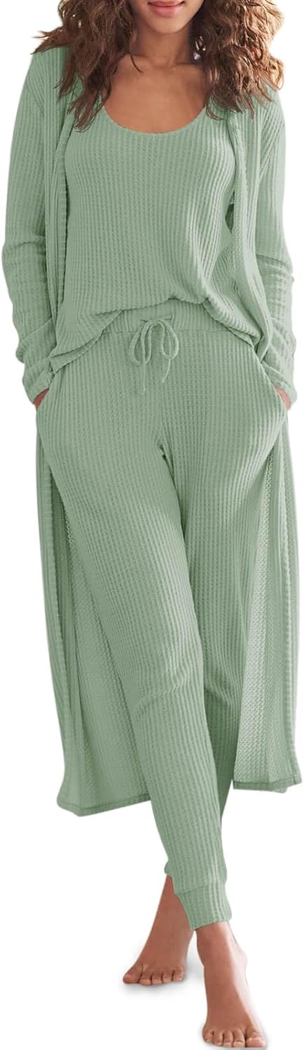 Eurivicy Womens Lounge Set Waffle Knit 3 Piece Pajama Set