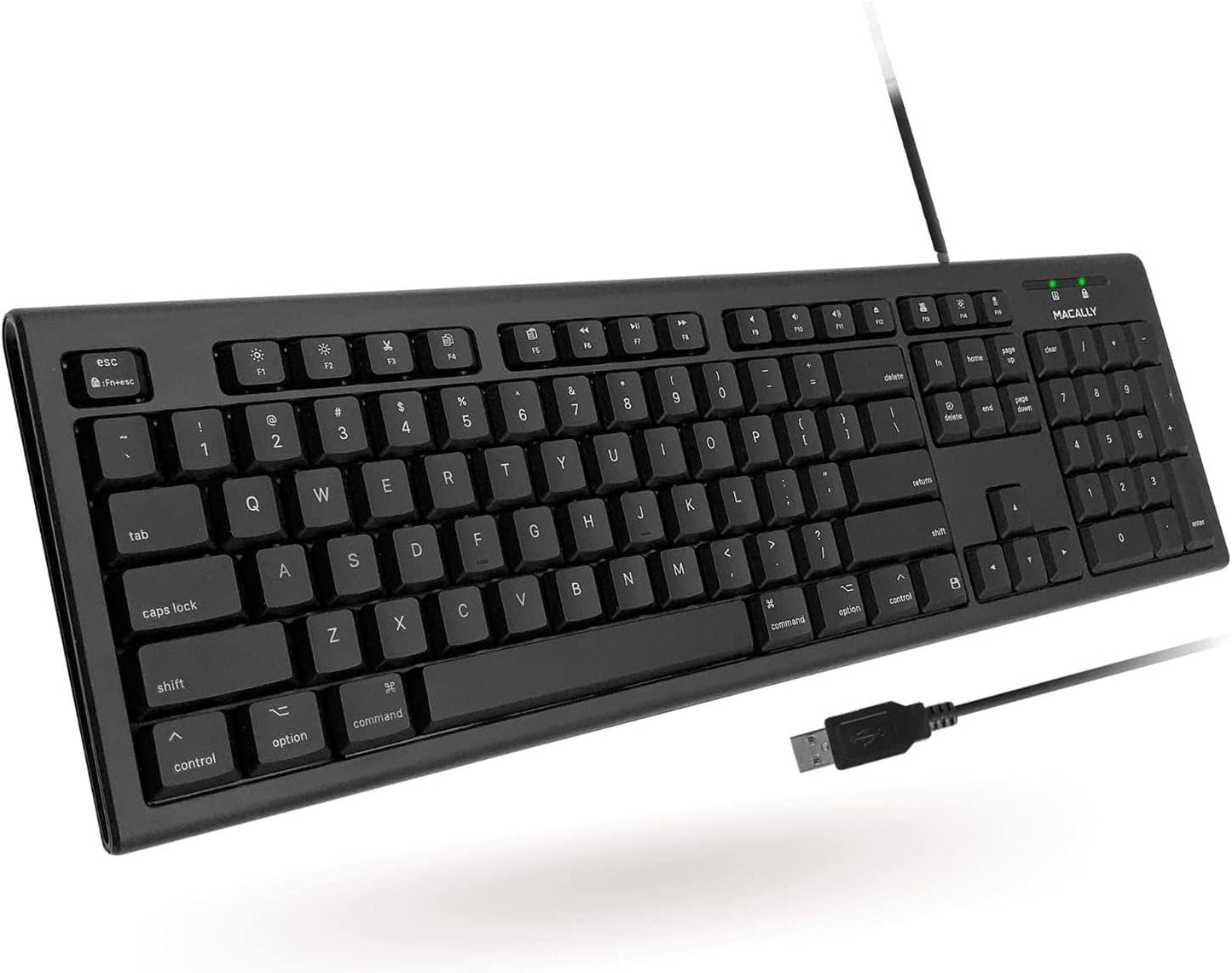 Macally Full Size Wired Mac Keyboard - 16 Apple Shortcut Keys - Spill Proof Black
