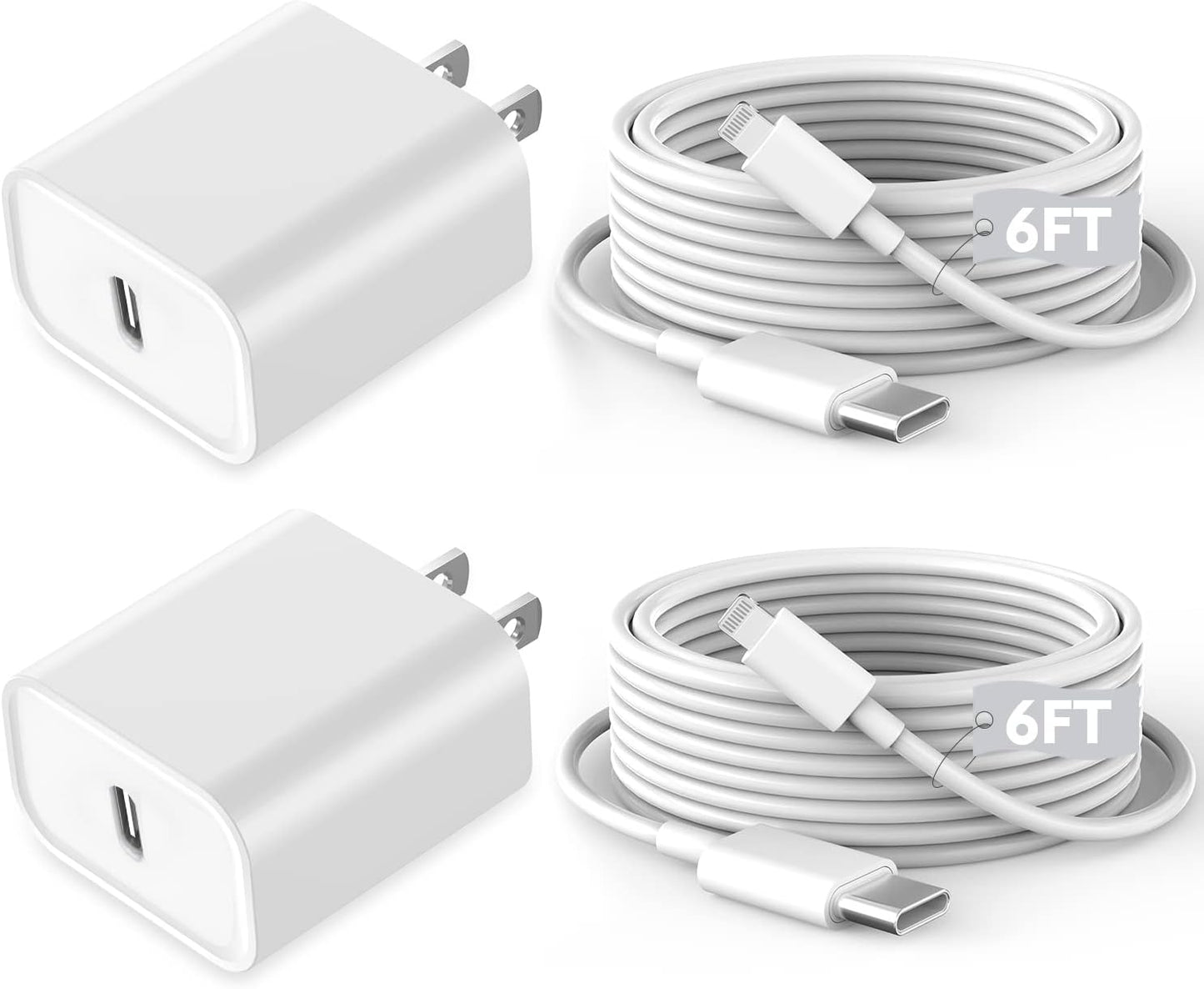 2Pack Fast iPhone Charger Set - Quick Charge 6ft Cable & Adapter