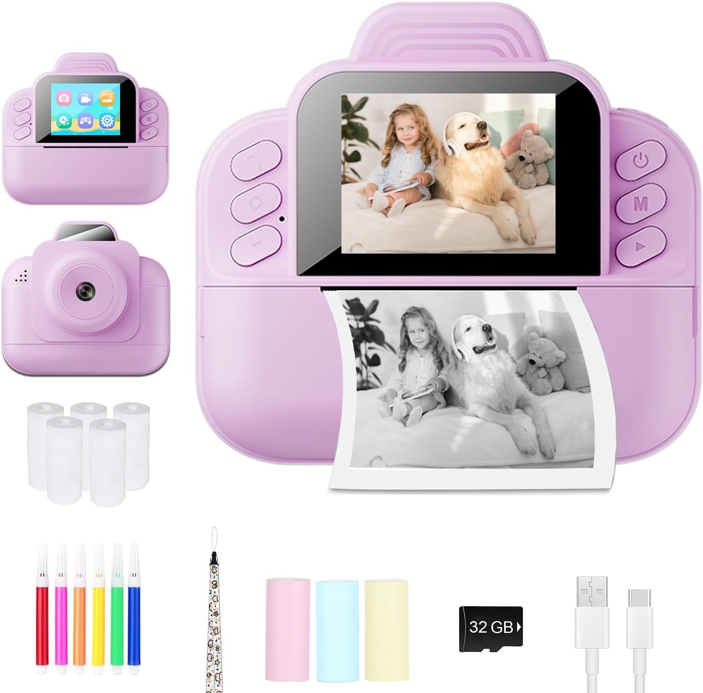 Instant Print Kids Camera Bundle, HD Video 32G Card, 5 Paper Rolls - Perfect Gift for Kids!