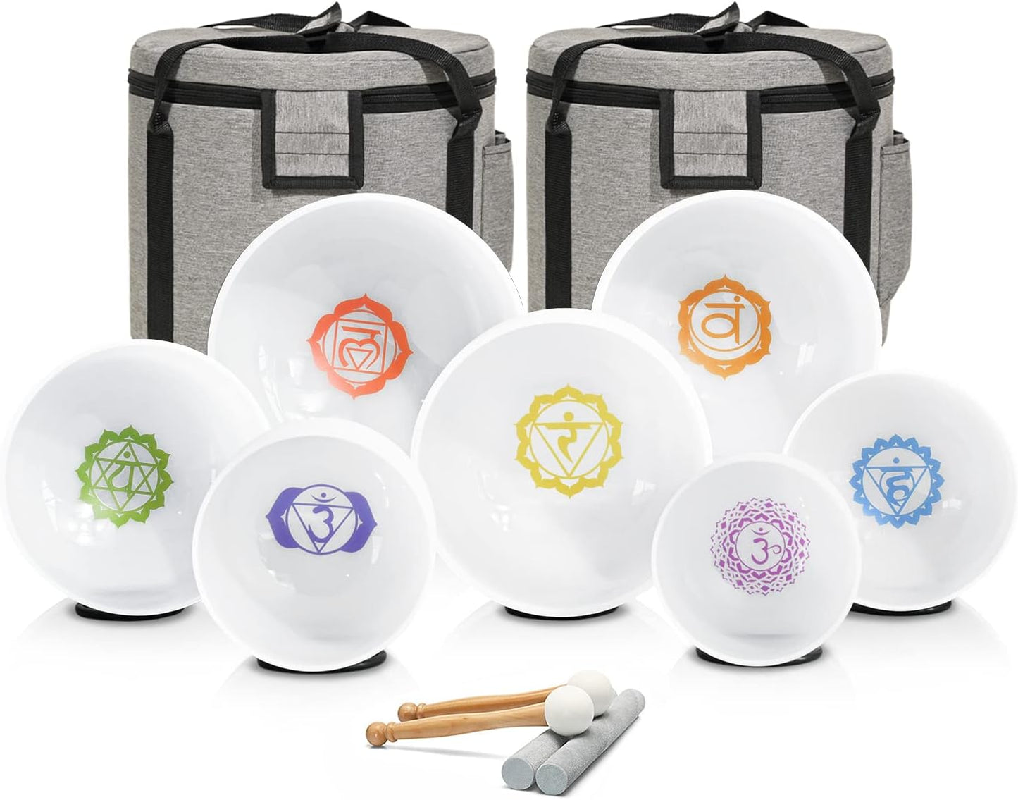 432HZ Chakra Symbol Design Frosted Quartz Singing Bowl Set