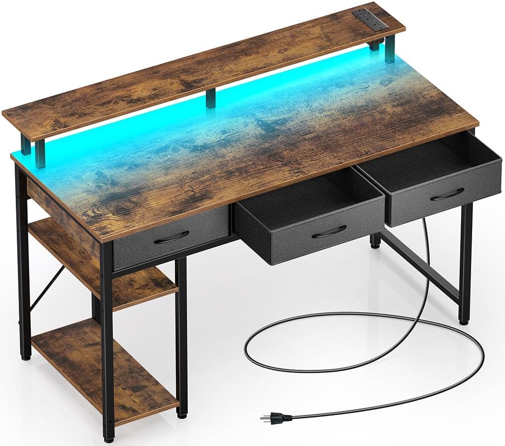Rolanstar Computer Desk with Power Outlets & LED Light Features