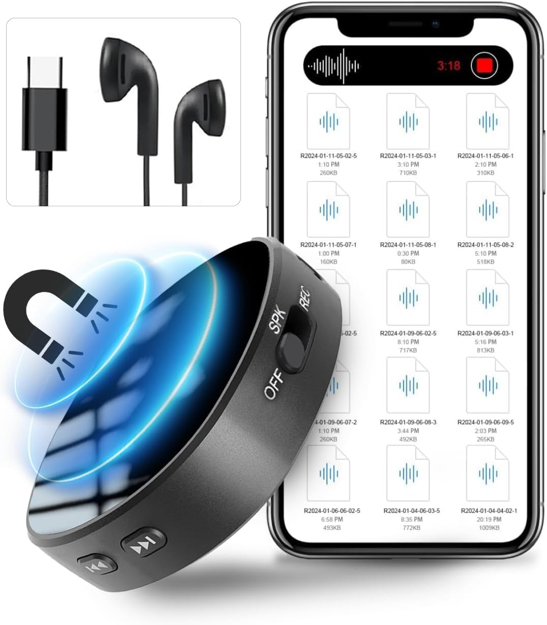 64GB Magnetic Voice Activated Recorder with AI Noise Reduction