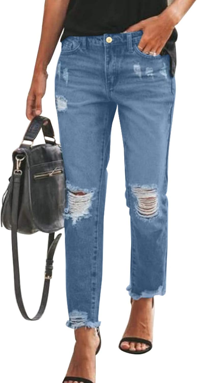 Sidefeel Women's Boyfriend Jeans Stretchy Ripped Distressed Denim