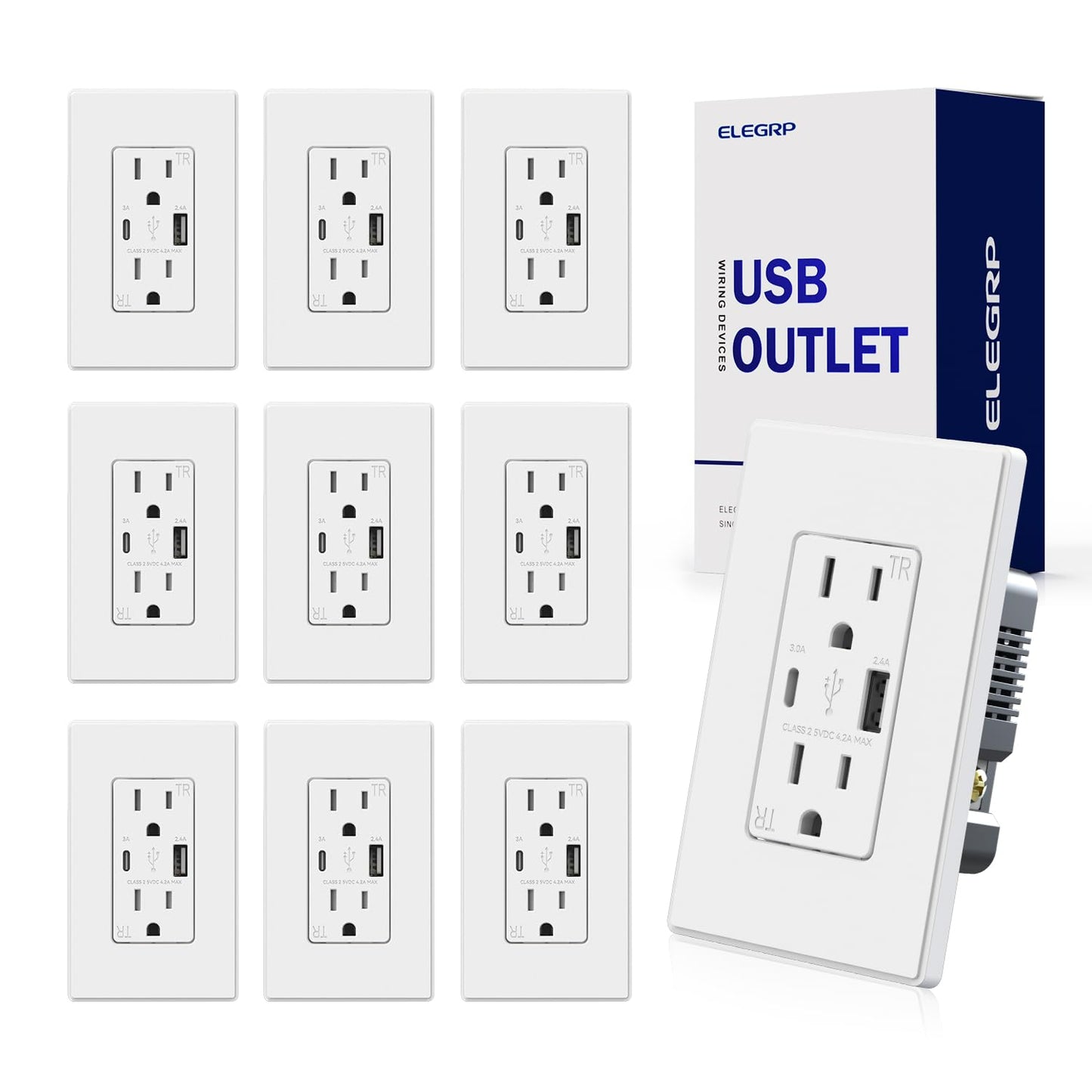 ELEGRP USB Charger Wall Outlet with Type A & C Ports - 10 Pack