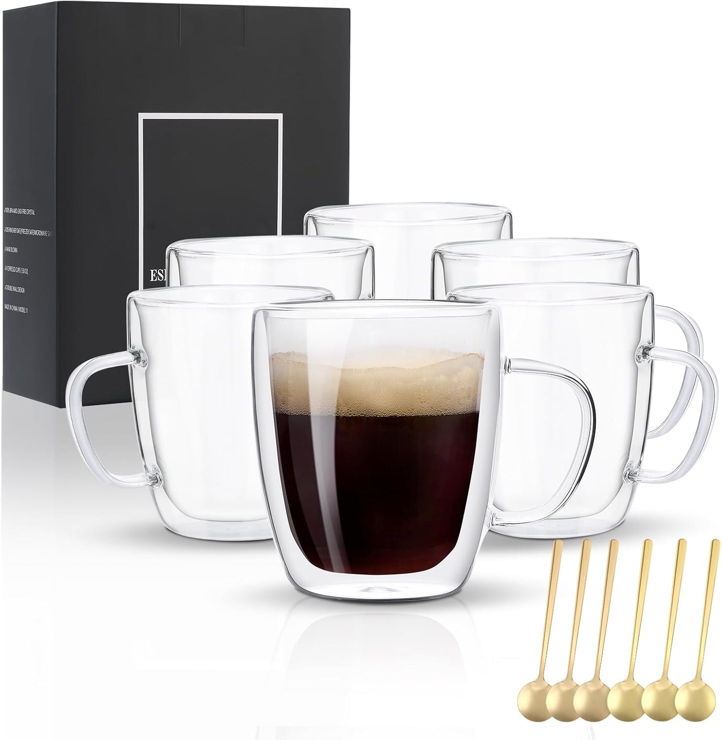 Glass Coffee Mugs Set Of 6, Insulated Double Wall Cups