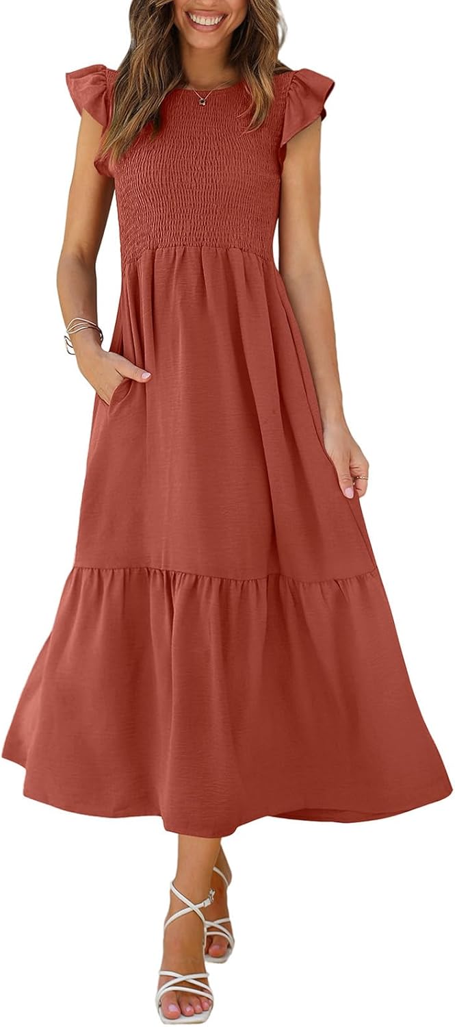 OFEEFAN Women's Casual Maxi Dresses with Pockets and Ruffles