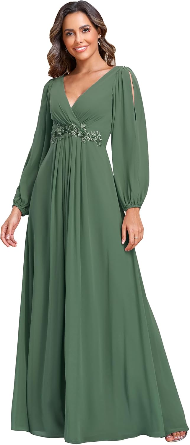 Elegant V Neck Long Lantern Sleeve Floor Length Dress