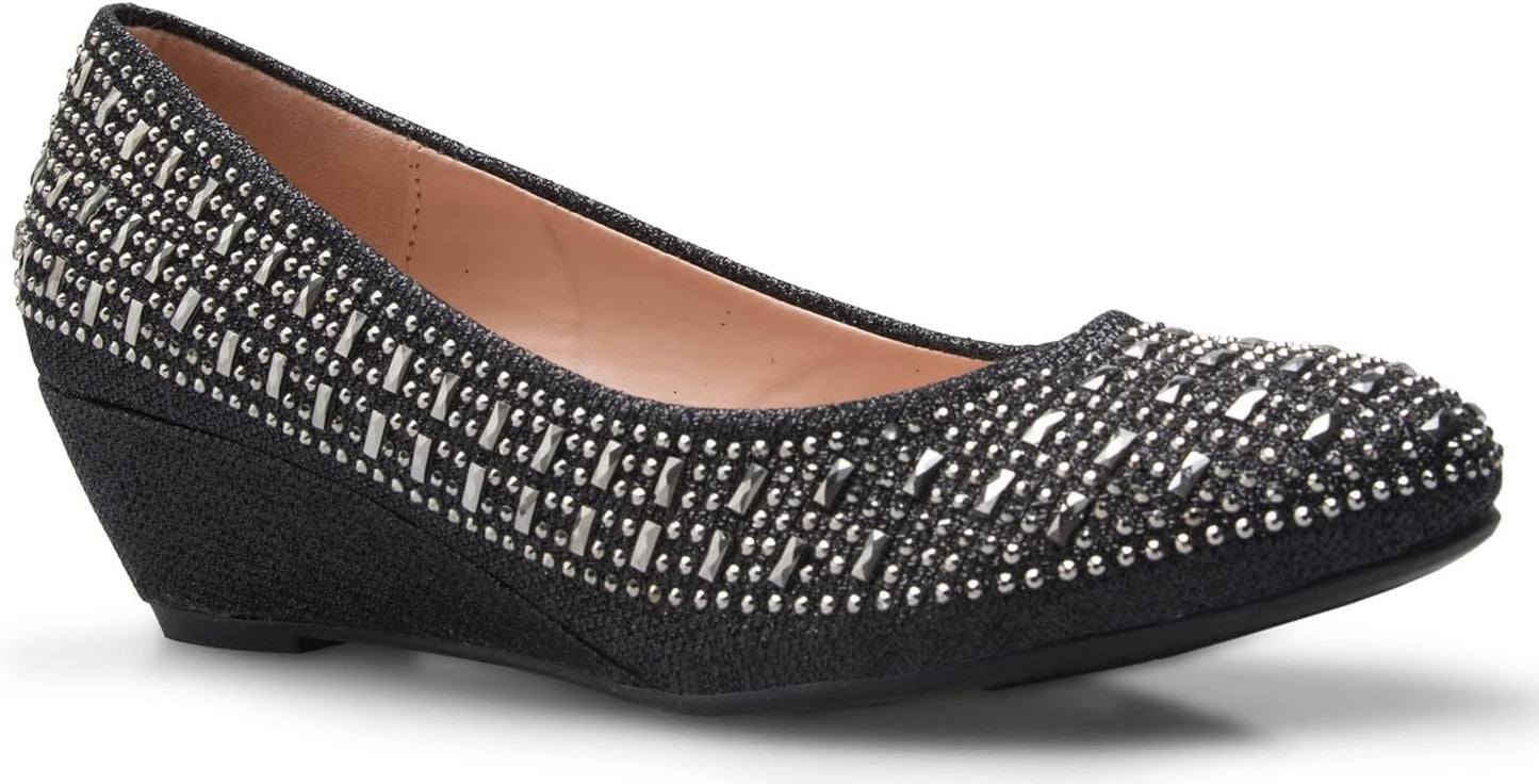 Olivia K Women's Close Round Toe Low Wedge Glitter Comfort