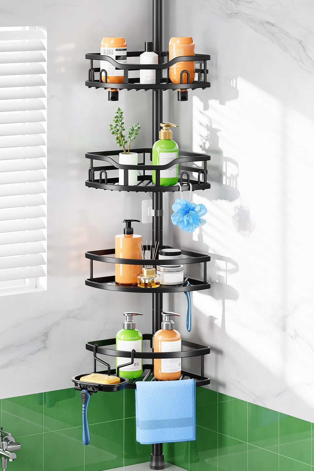 HAMITOR Shower Caddy Tension Pole: Durable 4-Tier Organizer