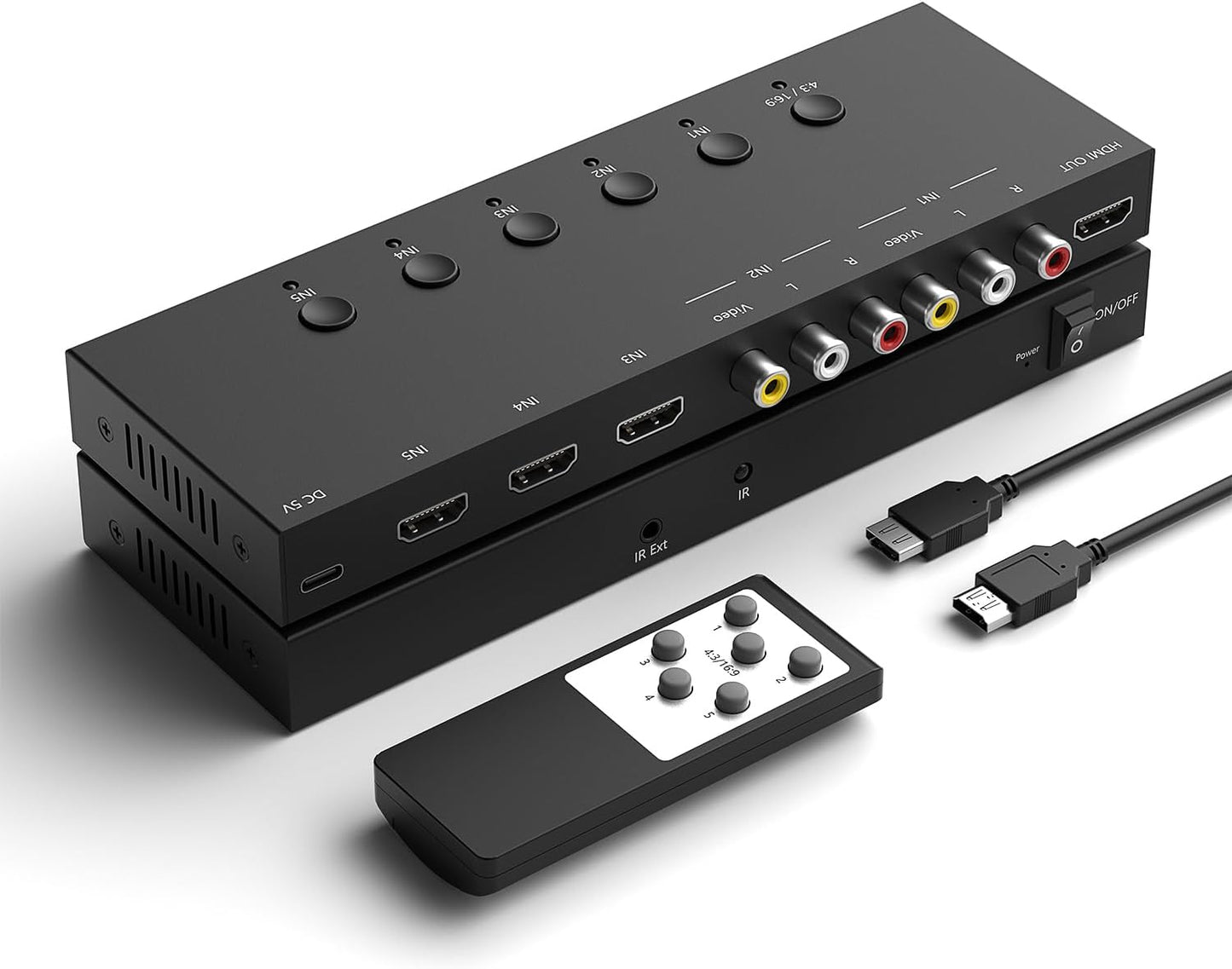 2 AV Inputs + 3 HDMI 2.0 Inputs to HDMI Converter for Gaming