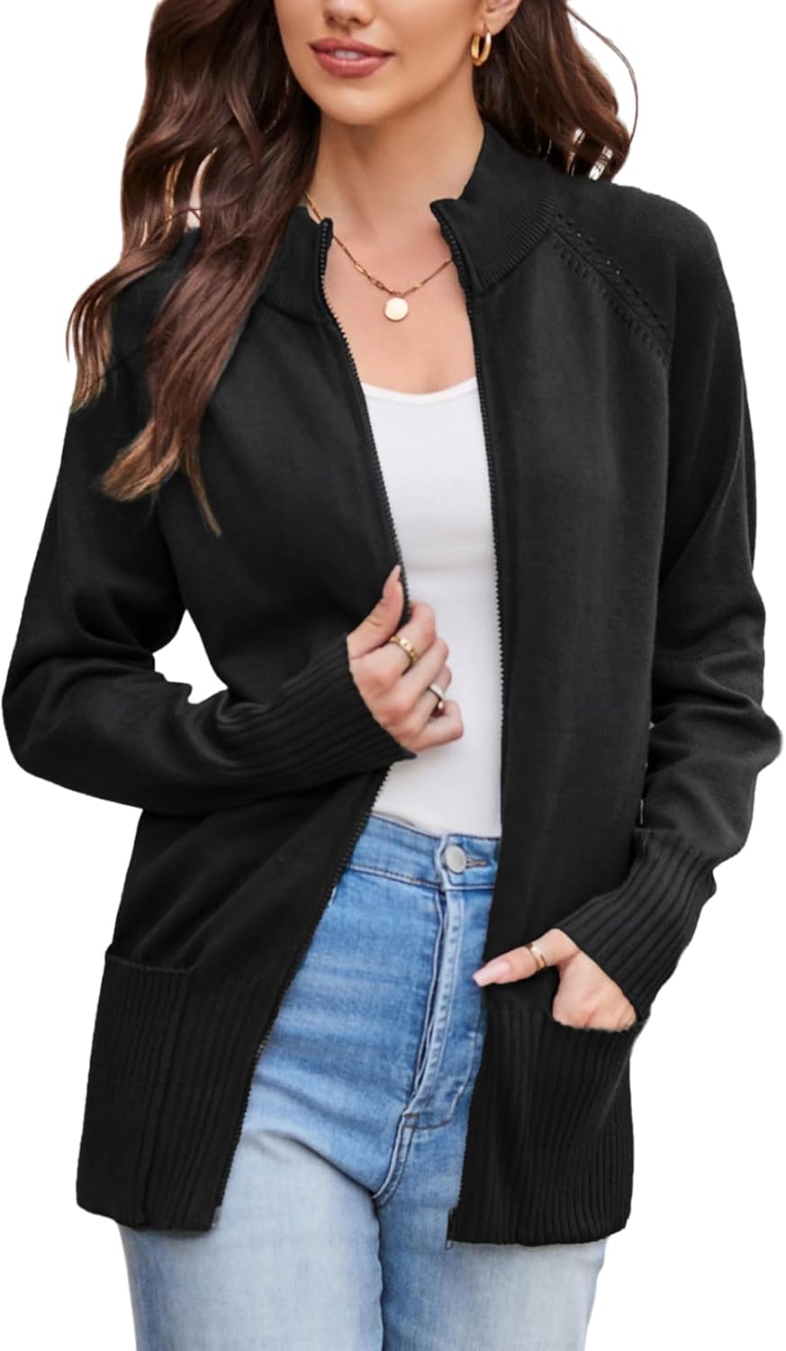GRACE KARIN Womens Long Sleeve Zip Up Knit Cardigan with Pockets