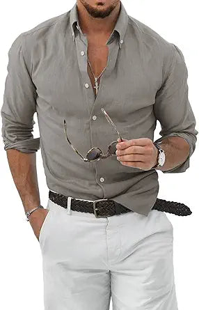 JMIERR Men's Cotton Linen Button Down Shirt for Casual Style