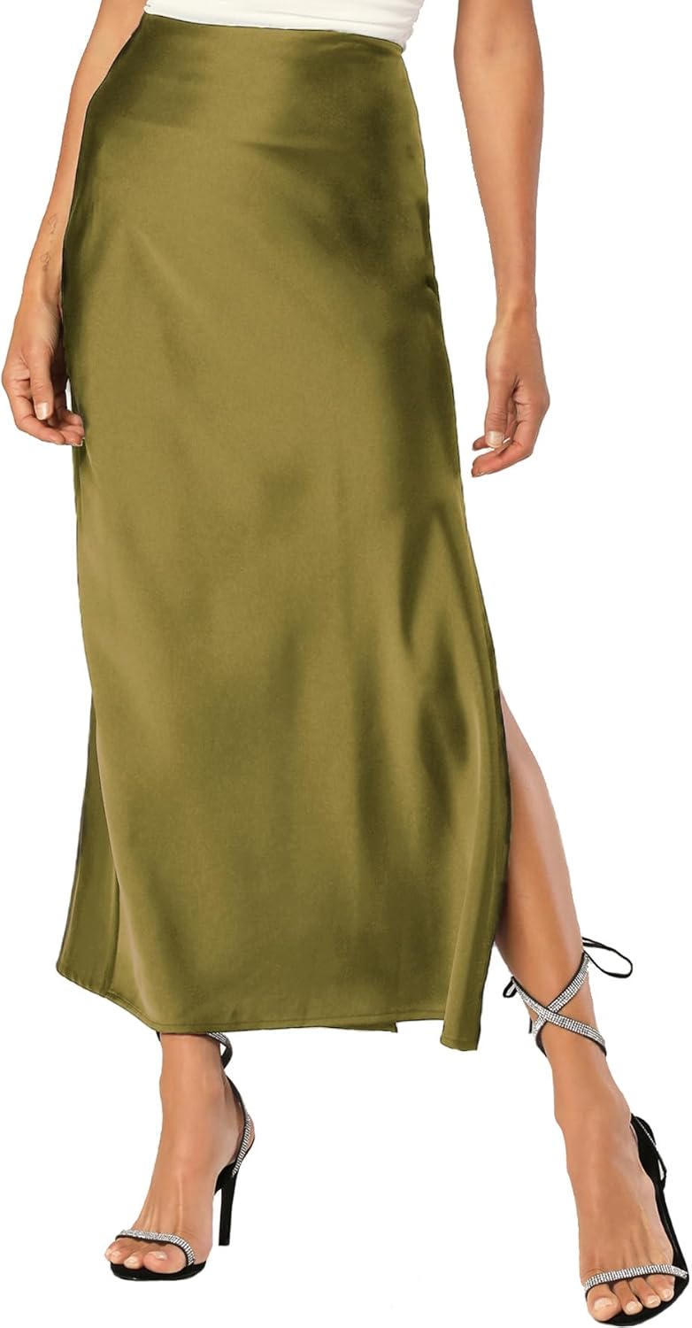 Womens Satin Silk Maxi Slit Skirt with Elastic Waistband