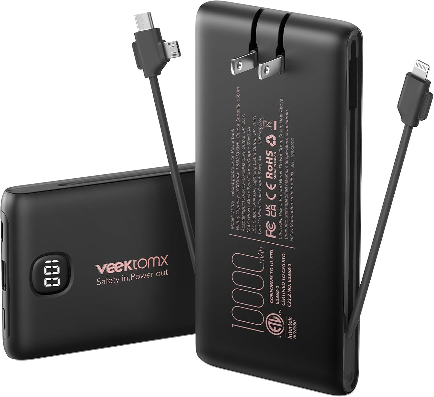 Portable Charger Power Bank with Built in Cables for Travel